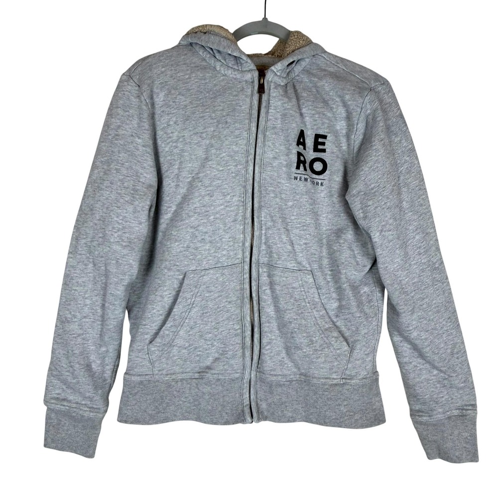 Aeropostale Hoodie Sweatshirt Kids Small Gray Full Zip Sherpa Fleece Lined Logo